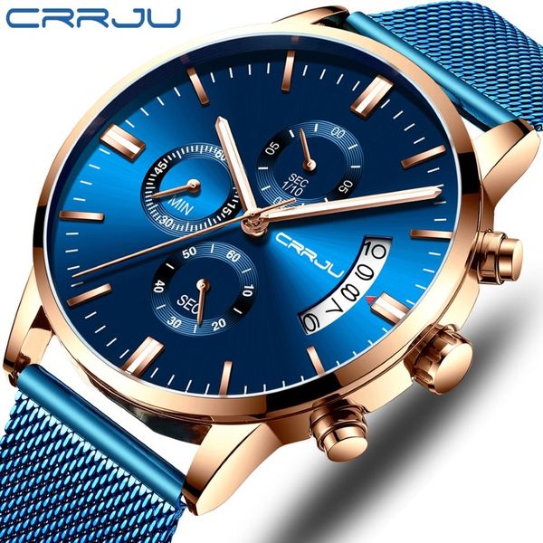 Mens Watch Crrju Top Brand Luxury Стильные модные наручные часы для мужчин Полный стальный водонепроницаемый дата Quartz Watches Relogio Masculino219b