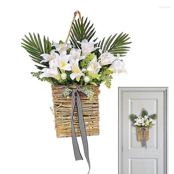 Flores decorativas grinaldas para decoração da porta da frente Spring Wreathhouse Farmhouse pendurada cestas de flores artificiais Pingente de cesta de vime