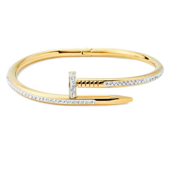 Homem pulseira de unhas clássico aço inoxidável aberto pulseiras para mulheres moda marca jóias delicadas pulseiras de cristal completo