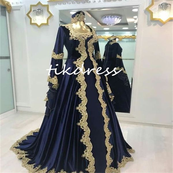 Traditionelles marineblaues Kaftan-Abendkleid, marokkanisches Samt-Muslim-Abschlussballkleid mit Puffärmeln, türkisches Israel, goldene Applikationen, Spitze, Gelinlik, elegante formelle Abaya-Party