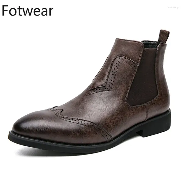 Chelsea-Stiefel für Herren, große Größe, Leder-Brogues, spitze Zehen, formelle Schuhe, Slip-on-Kleid, britischer Stil, lange Gummi-Außensohle