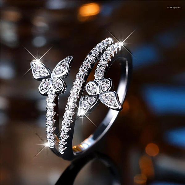 Eheringe Luxus Weibliche Kleine Weiße Zirkon Stein Schmetterling Verlobungsring Trendy Silber Farbe Braut Schmuck Geschenk Für Frauen