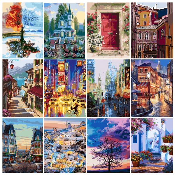 Número paisagem casa diy pintura a óleo por números para adultos crianças arte imagem cor desenhar pintura acrílica sobre tela kit decoração de casa presente