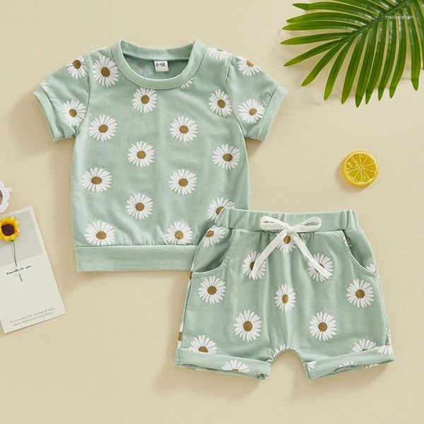 Kleidungssets Kleinkind Geborene Baby Girls Sommerkleidung Kurzarm Daisy Print Crew Hals T-Shirt Elastic Rolled Shorts Set Set