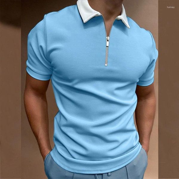 Polos masculinos casual camiseta moda manga curta cor sólida fino ajuste zíper lapela pulôver verão polo topo camiseta roupas para homem