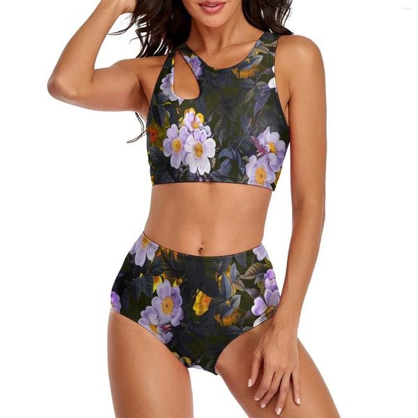 Damen-Badebekleidung, lila Blumen-Bikini-Badeanzug, sexy Mitternachtswald, hohe Taille, Bikini-Set, 2-teiliger grafischer Push-Up-Fitness-Badeanzug