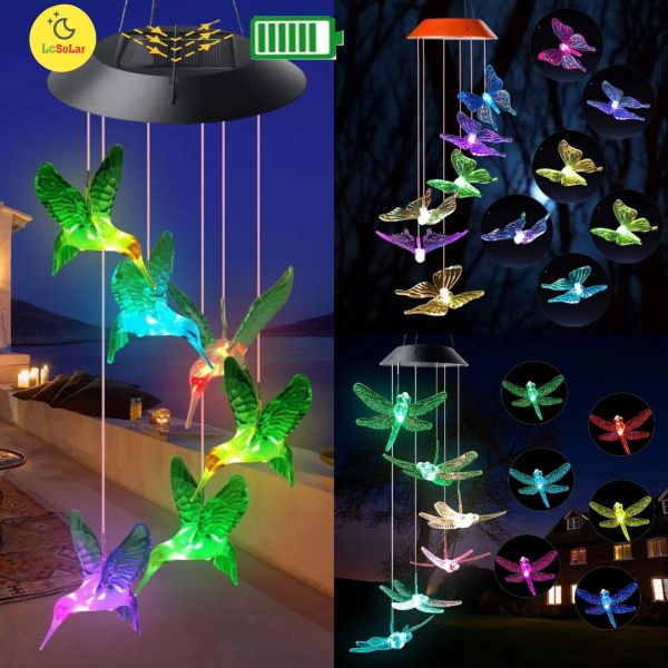 Campanelli eolici Carillon solare Farfalla Colibrì Libellula Campanelli eolici Esterni Interni Cambia colore Luce S Gancio per Patio Giardino