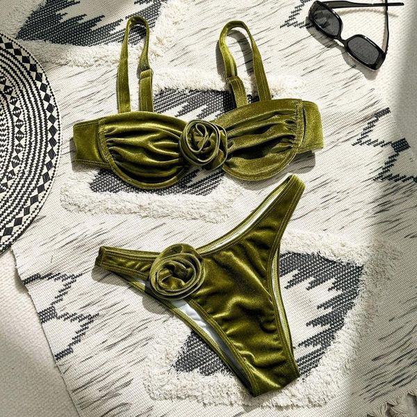 Damen Bademode Sexy 3D Grüne Blume Push Up Samt Micro Bikinis Sets Zwei Stücke Gepolsterter Tanga Weibliche Badeanzug Biquini