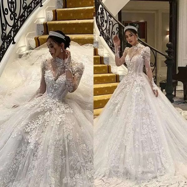 Romantik Gelinlik Uzun Kollu Tül Dantel Aplikler Kristal Beading Tasarım Vintage Resmi Gelin Gown Bes121