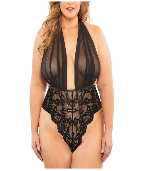 Roupa íntima erótica feminina sexy decote em v profundo bodysuit renda transparente sem costas meio busto lingerie para mulher adulta 2020 new6632230