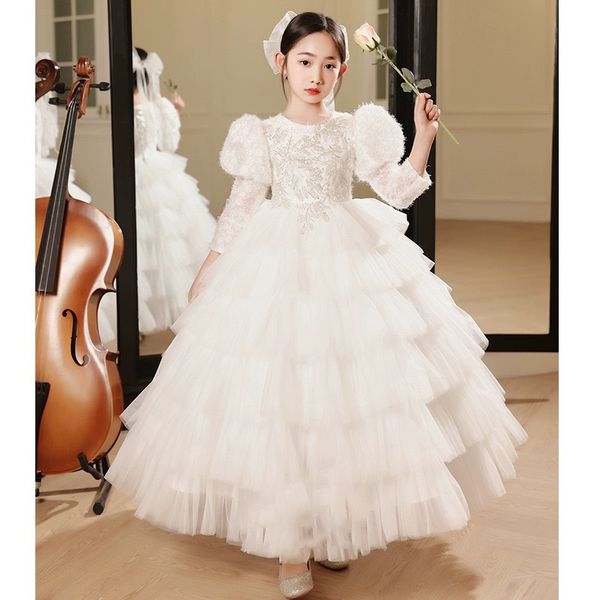 2024 branco flor menina vestidos para casamento espaguete rendas apliques florais saias em camadas meninas pageant vestido de baile tutu crianças aniversário damas de honra vestido formal