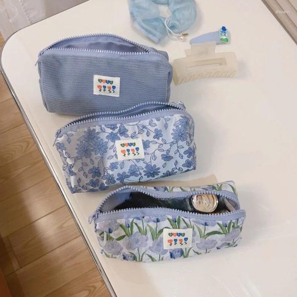 Borse per cosmetici Borsa per organizer per pennelli per trucco Borsa per matita per penna di grande capacità per trucco di fiori freschi blu moda