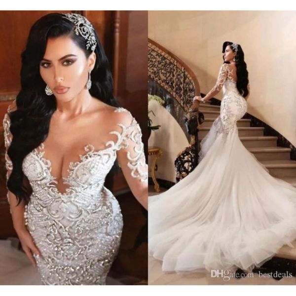 Abiti da sposa Sirena Arabo Dubai Cristalli scintillanti Maniche lunghe Abiti da sposa Corte dei treni Gonna in tulle Robes De