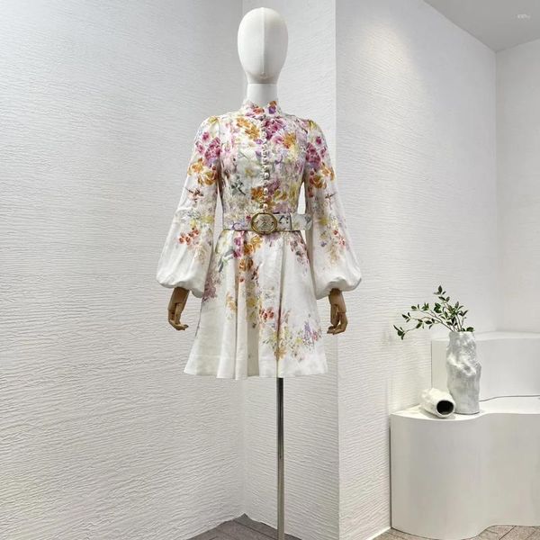 Vestidos casuais 2024 branco floral impressão longa lanterna manga botões de linho cinto vintage elegante mini vestido para mulheres