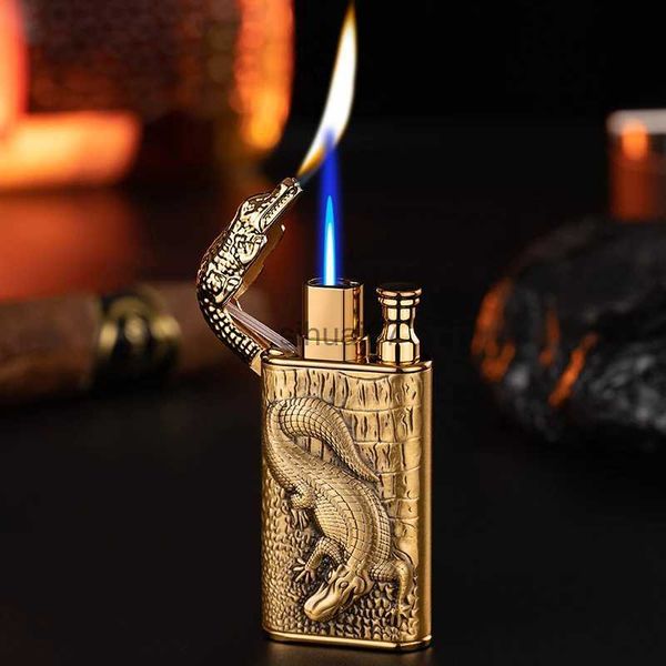 Lighters 2023 3D Rölyef Dragon Timsah Çift Ateş Metal Metal Rüzgar Geçirmez Jet Ateş Açık Yangın Gaz Gaz Hafif Sigara İçeri Hediyesi 240325