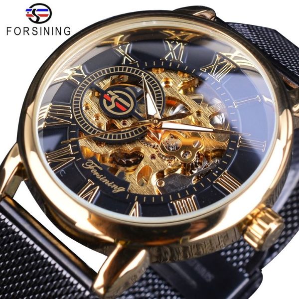 Forsining clássico retro luxo 3d número romano banda de malha preta transparente masculino esqueleto mecânico relógios marca superior luxo2879