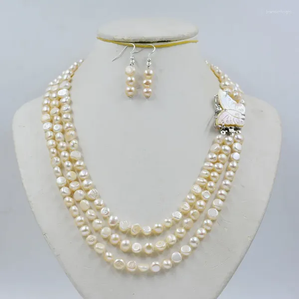 Halskette-Ohrringe-Set, exquisit, 3 Reihen, 8 mm, AAA, natürliche rosafarbene Barockperlen-Halskette/Ohrringe, 45,7–55,9 cm