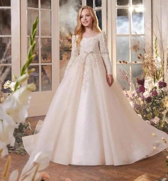 Mädchenkleider Puffy Tüll Ballkleid Blume Langarm Prinzessin Kleid Glitzer Hochzeit Erstkommunion