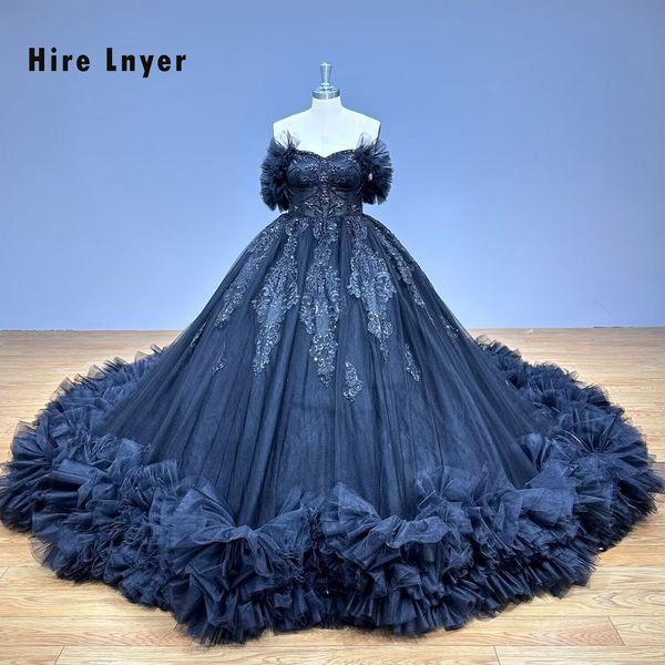 Mieten Sie lnyer Schatz Hals Kurzarm Perlen Pailletten Pailletten Applikationen super wunderschönes schwarzes Ballkleid Hochzeitskleid mit Blumen Rock alle Farbe sind in Ordnung