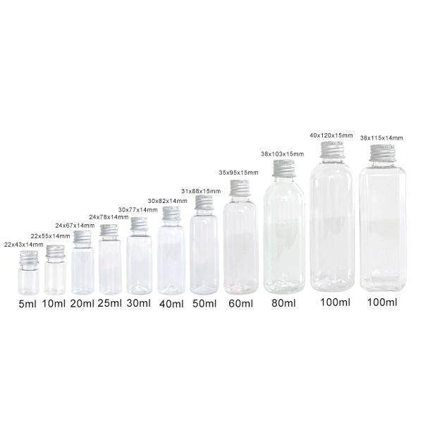 Barattoli da 100 pezzi Kit da viaggio per bottiglie di plastica trasparenti PET riutilizzabili da 5 ml a 100 ml Barattoli portatili con tappo a vite in alluminio a prova di perdite Sano