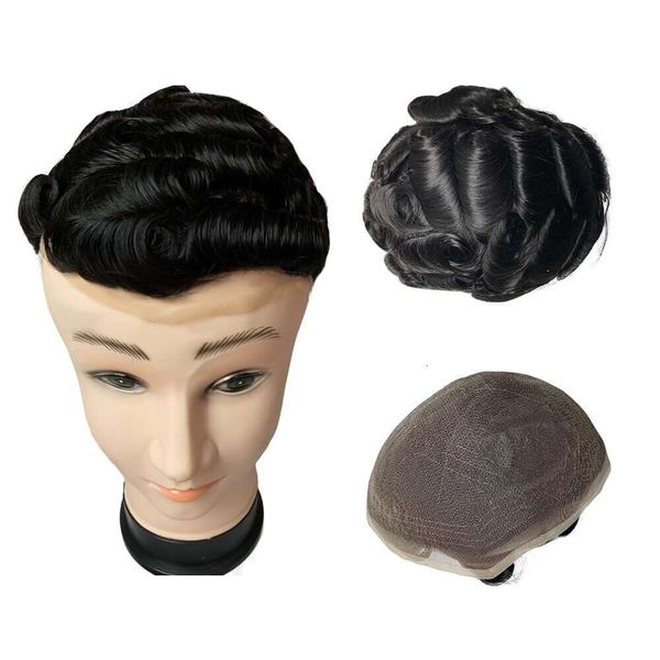 BRMYEAHWIGS Echthaar Toupet, volle französische Spitze, 20,3 x 25,4 cm, Ersatzsysteme für Herren-Haarteile, Nr. 1b, schwarze Herren-Perücken