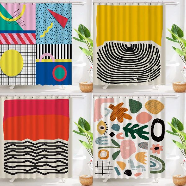 Cortinas pop art geométrica cortina de chuveiro moda classicl abstrato colorido cortinas do banheiro à prova dwaterproof água tecido decoração conjuntos com ganchos