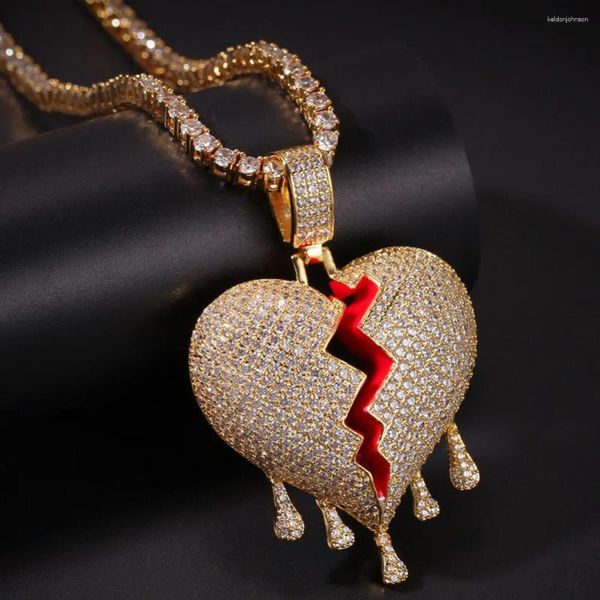 Collane con ciondolo Hip Hop CZ Cubic Zirconia Bling Iced Out Rotto Goccia d'acqua Pendenti a forma di cuore Collana per uomo Rapper Gioielli Colore oro