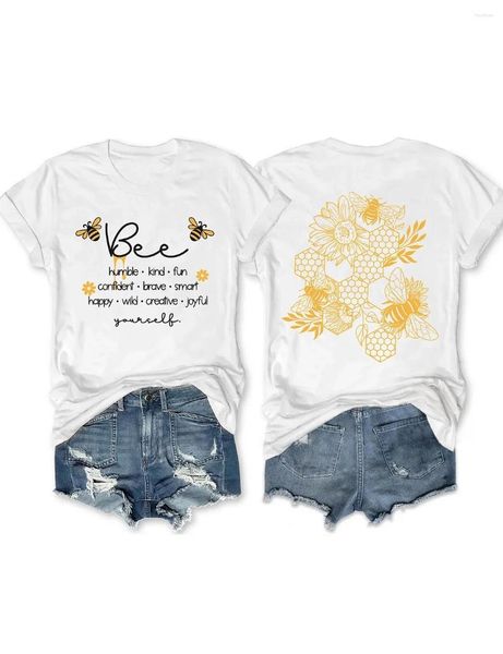 T-shirt da donna 2024 Vacanza Casual T-shirt femminile Cartoon Girasoli Ape Stampa a nido d'ape Camicia da donna Trend Girl Tee