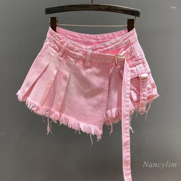 Nuovissima moda gonna tutto-fiammifero gonna di jeans rosa irregolare gonna estiva da donna a vita alta dimagrante finta tuta in due pezzi A-line corta mini 2024