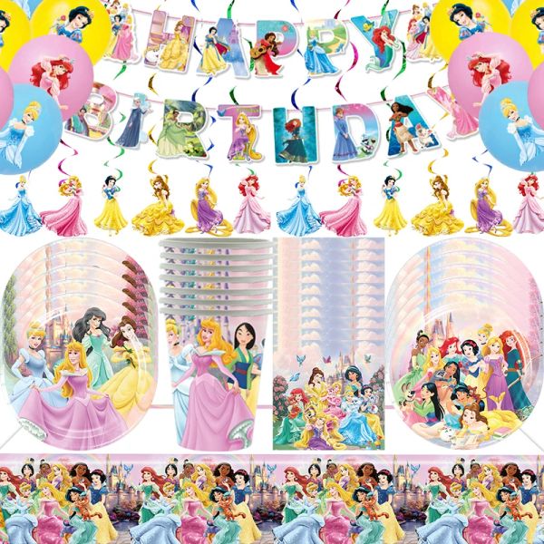 Caixas de suprimentos para festa de princesa, decorações de aniversário incluídas, balão, toalha de mesa, copos de papel e pratos, guardanapos para crianças e meninas