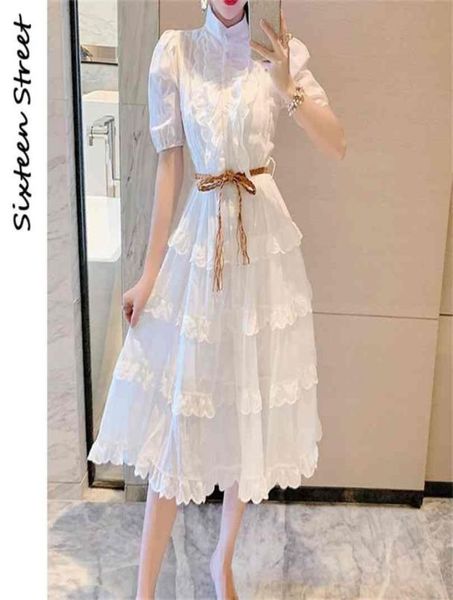 Vestido de linho branco es mulheres cintura alta elegante manga curta meados feminino vintage oneck vestidos mujer primavera 2106033973895