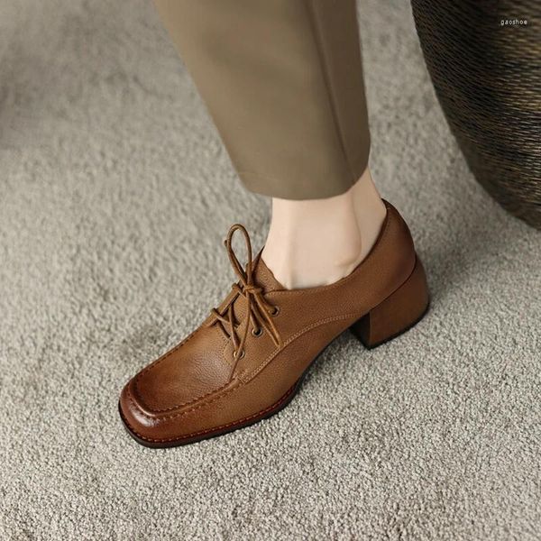 Scarpe eleganti Primavera Donna Mocassini Décolleté in pelle crosta Punta tonda Tacco quadrato Casual Oxford grosso