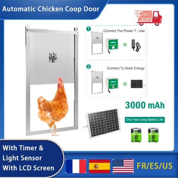 Accessori Porta automatica per pollaio con timer e sensore di luce, alimentazione schermo LCD, alimentazione a energia solare, accessori per polli