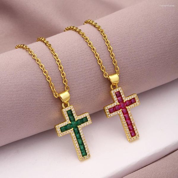 Anhänger Halsketten Christian Jesus Kreuz Halskette Gold Farbe Edelstahl Kette Frauen Mädchen Zirkonia Religion Schmuck Geschenk