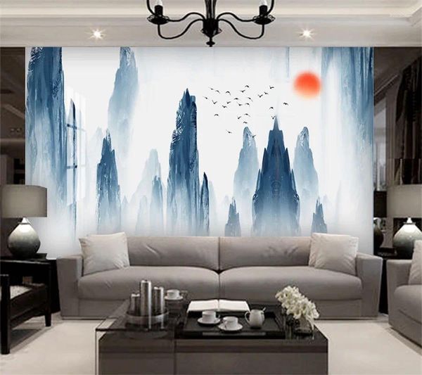Tapeten Wellyu Maßgeschneiderte 3D-Tapete, handgemalte Landschaftskarte, hellgrau, chinesischer TV-Hintergrund, Wohnzimmer