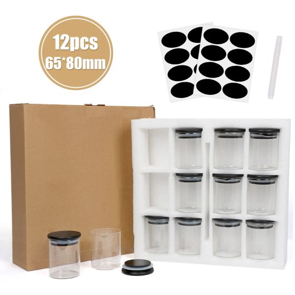 Gläser 12 teile/satz Schwarz Bambus Abdeckung Glas Gewürz Glas Mit Aufkleber Karton Box Verpackung Küche Obst Lebensmittel Versiegelt Lagerung jar