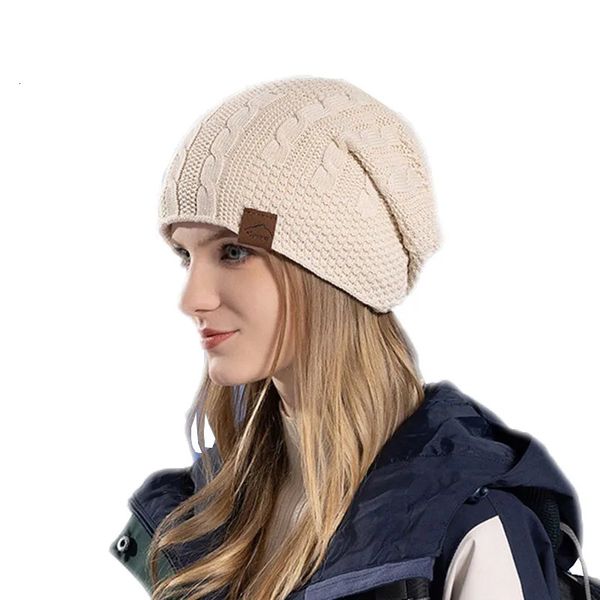 Cappelli invernali caldi da donna Cappello lavorato a maglia foderato in peluche Berretti da esterno antivento Skullies Berretti da sci da neve in pile spesso femminile 240309