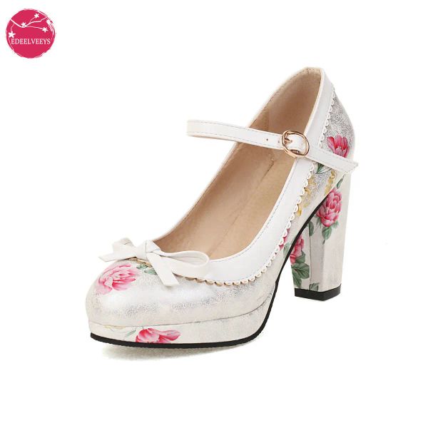 Stivali con scarpe lolita con tacco alto femminile stampato in pelle di fiori carina bowknot mary jane pompe rotonde estate dolce abito comode di moda