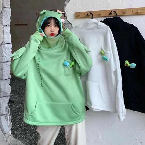 Felpe con cappuccio da donna 2XL Felpa da donna Kawaii Frog Nero Verde Manica lunga Corea Estetica Donna Streetwear Abiti vintage per coppie