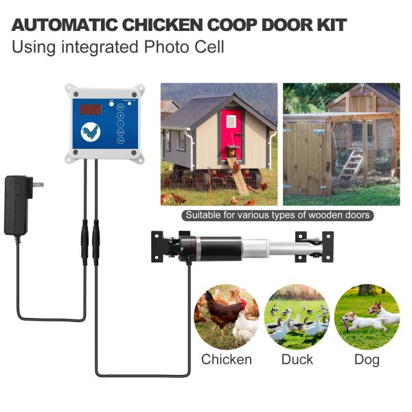 Acessórios Porta de galinheiro automática, temporizador de abertura lateral, sensor de luz ajustável, à prova de chuva, controle remoto externo, porta automática de gaiola de frango