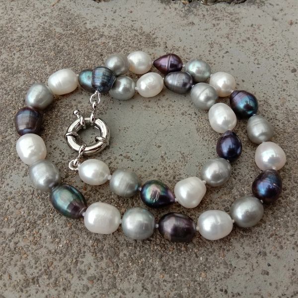Natural frischwasser kultiviert schwarz grau weiße Reis Perle gemischte Farbe CHOKER Halskette 17 für Frauen Mädchen Schmuck Geschenk240312