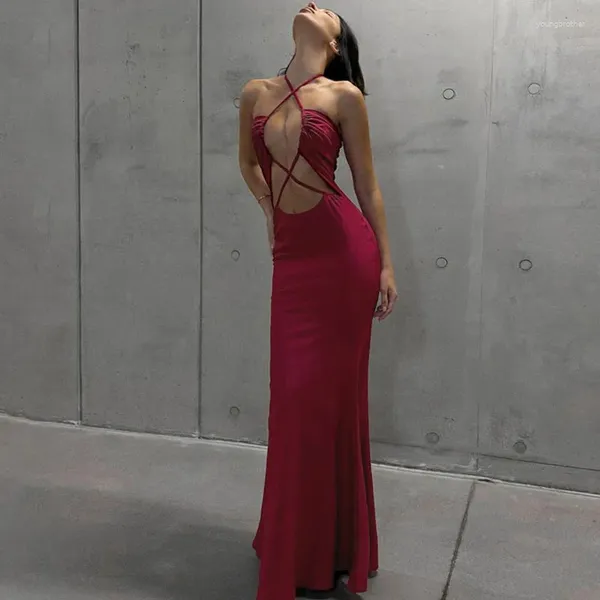 Sıradan Elbiseler Tazip Moda Asılı Boyun Vestido Seksi Hollow Out Kolsuz Dantel Yukarı Sırtsız Düşük Göğüs İnce Uyar Sarılı Kalça Elbise