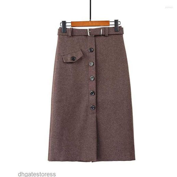 Saias outono inverno mulheres quentes lápis de lã saia 2023 sexy magro cintura alta botão midi pacote quadril com cinto