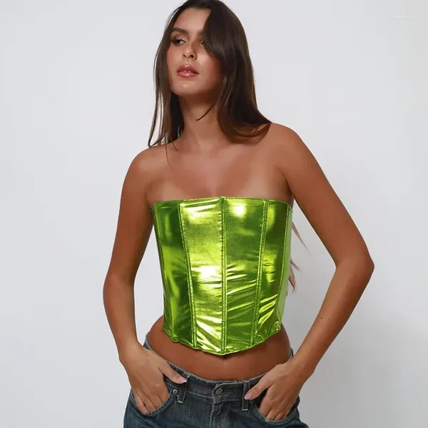 Canottiere da donna Y2k sexy da donna rosa lucido in pelle PU senza spalline senza maniche irregolare slim crop top posteriore con lacci benda bustier estate