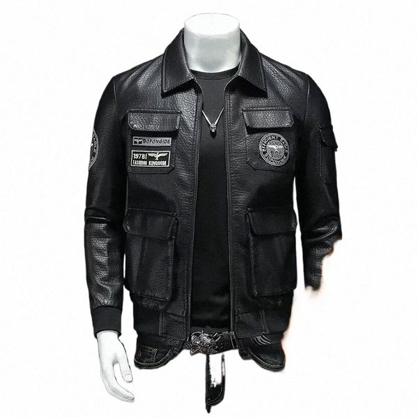 2023 novo casaco de couro masculino piloto motocicleta casaco de couro regular engrossado grandes casacos de couro bordado bolso jaqueta masculina 70kw #