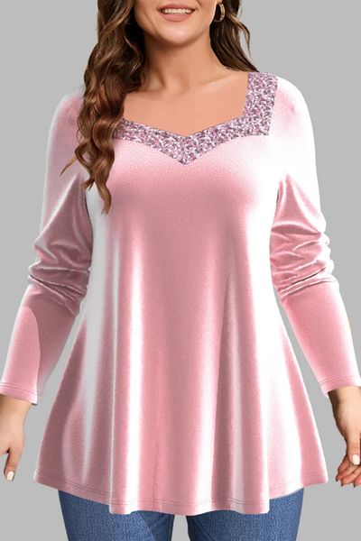 Plus Size Casual Pink Velvet Pailla Patchwork Square Neck Bluse Langarm Tops Lady Elegant Frühlingsherbstart Party Kleidung 240321