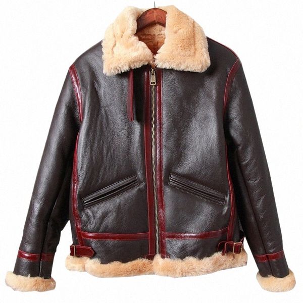 Erkekler Koyu Kahverengi Sonbahar Shearling Ceket Askeri Stil Artı 5xl Doğal Koyun Hizmetleri Kış Sıcak Aviati Orijinal Deri Katlar Y4IV#