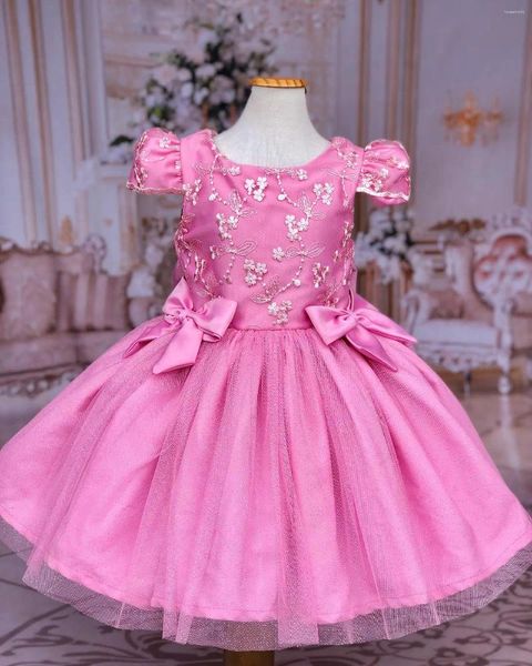 Vestidos de menina rosa cetim flor apliques glitter lantejoulas vestidos de baile crianças aniversário arcos meninas em camadas concurso