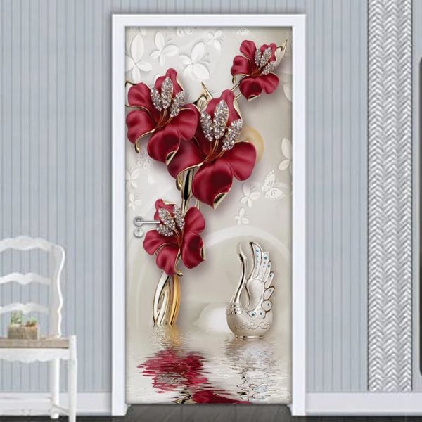 Adesivi Fiore rosso Farfalla Gioielli Adesivi per porte 3D Decorazioni per la casa Soggiorno moderno Camera da letto Decorazione per porte Adesivo murale Carta da parati