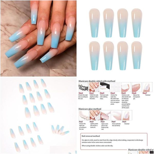 24 pezzi unghie finte stampa su bara lunghe sfumature di balletto blu manicure artificiale con colla per ragazze consegna goccia salute bellezza unghie Dhtfc